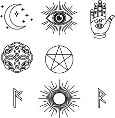 Grid of Nine Occult and Mystical Symbols Including a Moon, All-Seeing Eye, Pentagram, and Runes
