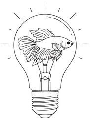  Line Art Drawing of a Detailed Siamese Fighting Fish Encapsulated Inside a Brightly Glowing Light Bulb.