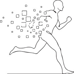 Line Art Illustration of a Running Man's Body Dissolving into Digital Data Cubes or Pixels