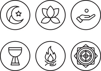 Set of Six Line Art Icons Representing Spirituality, Nature, and Mysticism Including the Crescent Moon and Lotus Flower