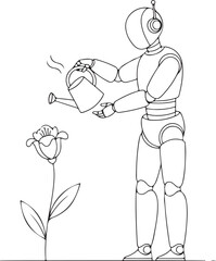 Sleek Robot Thoughtfully Tending to a Single Blooming Flower with a Watering Can, Blending Technology and Nature.