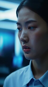 Close-up of a Serious East Asian Professional Woman in a High-Tech Office Setting with Futuristic Blue Lighting - Reflective Employee Deep in Thought and Concer