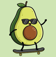 A cool cartoon half-avocado mascot wearing sunglasses and riding a skateboard with one arm raised.