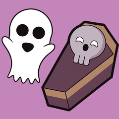 Obraz premium Floating Ghost and Skull-Topped Coffin on Purple Background