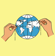 A flat illustration of two hands pulling on a stretched string across a blue and white globe