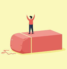 A simplified flat illustration of a small person standing on a giant pink eraser with their arms raised in triumph