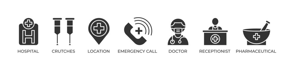 The Hospital Network of Care Icons set vector illustration with glyph Hospital, Crutches, Location,  Emergency call, Doctor, Receptionist,  Pharmaceutical