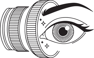 A striking black and white line art illustration combining a camera lens with a stylized human eye