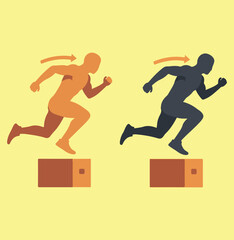 A simplified illustration showing two silhouettes of a sprinter or runner jumping off a small box, with one in orange and one in dark gray, both with an arrow indicating forward motion