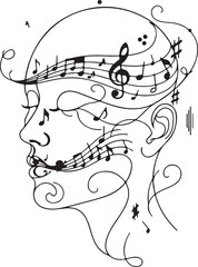 Artistic Line Illustration of a Human Profile with Musical Notes Flowing Through the Mind and Across the Face