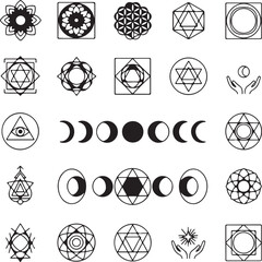 Comprehensive Grid of Twenty-Five Sacred Geometry and Esoteric Symbols Including Moon Phases and Star Polygons