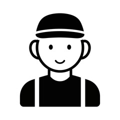 Simple black and white icon of a person wearing a cap and overalls