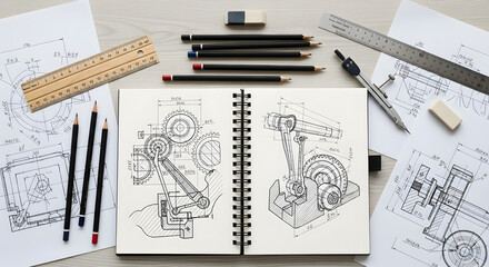 Overhead view of mechanical drawings in notebook with drafting tools on a light wooden surface
