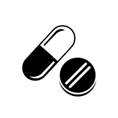 A black and white icon representing a capsule and a pill