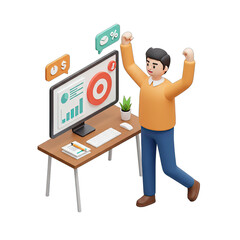 3D Render of Celebrating Man Beside Computer Desk with Success Icons on Black Background
