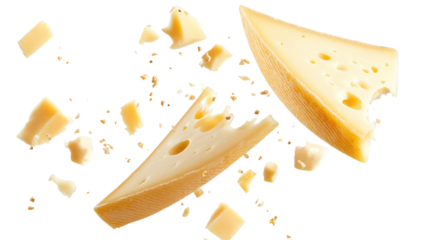 Pieces of swiss cheese flying and breaking apart isolated on transparent background