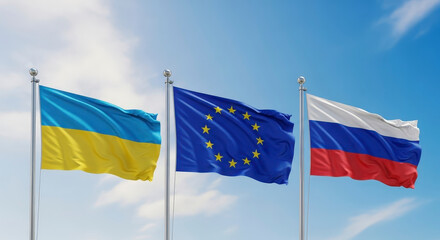 Flags of Ukraine, EU, and Russia waving.