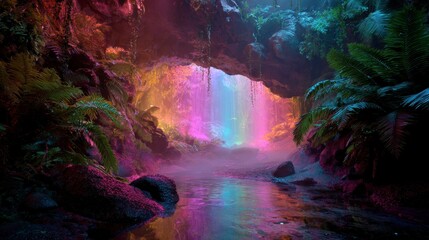 Colorful cave waterfall