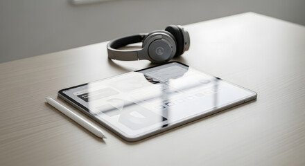 A gray tablet and stylus with gray headphones on a table in a brightly lit room with light walls