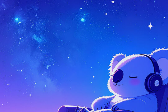 満点の星空の中リラックスするヘッドフォンをしたかわいいコアラのイラスト