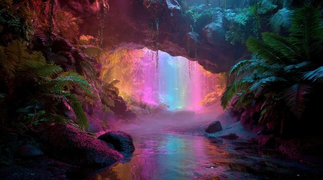 Colorful cave waterfall