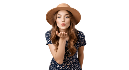 Charming young woman in a straw hat blowing a kiss.