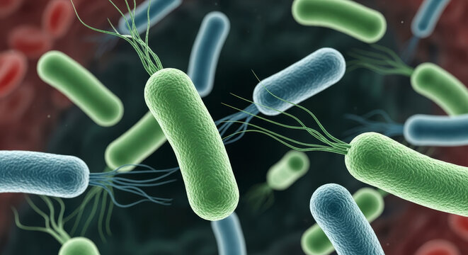 Colorful bacteria illustration with flagella detail.
