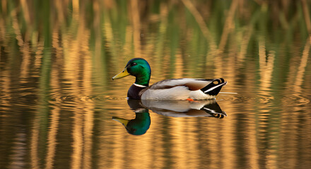 Fototapeta premium Male Mallard Duck Gliding Across Tranquil Pond Surrounded by Tall Grasses Reflecting Golden Hues