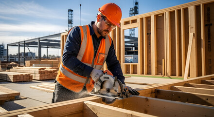 Construction worker cuts wooden beam with circular saw on a building site, framing a new structure under a clear sky.
