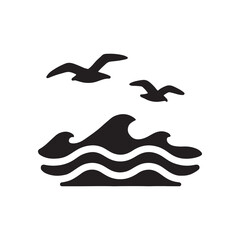 Monochrome Seascape with Flying Birds Minimalist Vector Illustration Capturing the Essence of Coastal Tranquility Ideal for Travel and Nautical Themes Evolving Graphic Design Concepts silhouette icon
