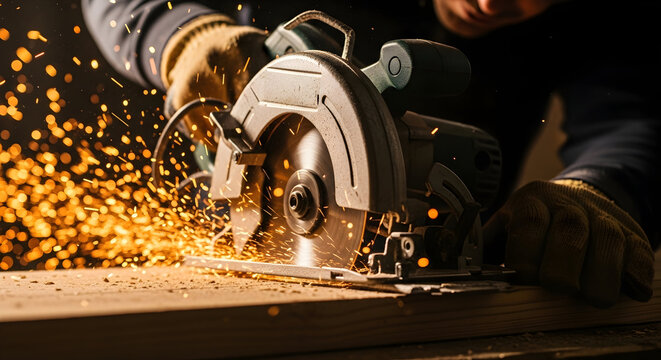 Circular saw cutting wood, bright sparks flying. Close-up of industrial power tool in action, woodworking, and construction.