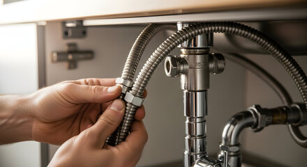 Hands installing flexible water hoses on plumbing pipes under a sink. Home renovation and repair concept.