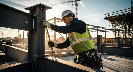 Construction worker in hard hat and safety vest securing steel beam framework on a building site, industrial development