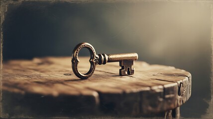 Ornate Antique Brass Key Resting on a Rough Wooden Surface vintage