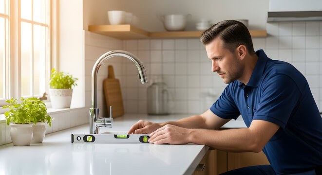 Focused man using spirit level on kitchen countertop. Male homeowner doing DIY home improvement and renovation in modern kitchen.