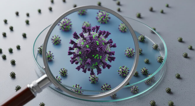 Close-up of a magnified virus in a laboratory setting.
