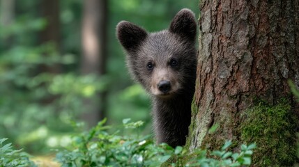 Obraz premium Curious baby bear hiding behind tree