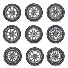 A comprehensive collection of diverse automotive wheels and tire designs, showcasing various rim styles for vehicle customization and mechanical illustrations