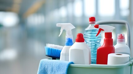 A close-up of a light green cleaning cart filled with various cleaning supplies and equipment. This image is perfect for advertising professional cleaning and building maintenance services.