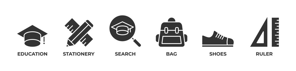Tools for Learning Icons set vector illustration glyph with Education, Stationery, Search, Bag, Shoes, Ruler