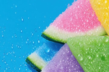 Brightly colored slices of fruit sit on a vibrant blue background, covered in bubbles. The juicy patterns showcase pink, green, purple, and yellow, evoking a fun and refreshing summer mood.