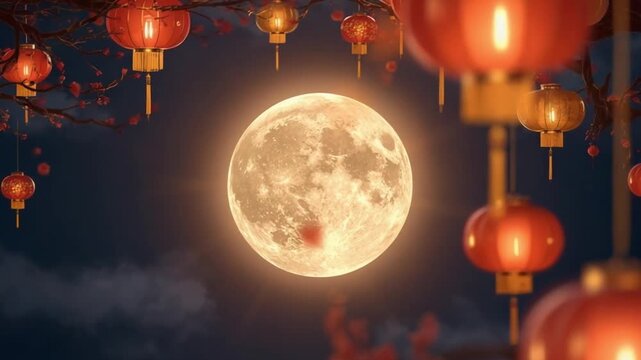Radiant Full Moon with Hanging Lanterns on Festival Night