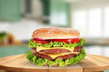 Tasty fresh hot fast food Burger on desk