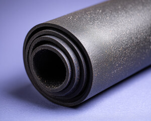 Rolled black yoga mat with textured surface on purple background for fitness and exercise use