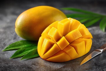A ripe mango rests next to a neatly sliced half, showcasing its juicy yellow interior. Green leaves add a touch of color, while a silver knife lies nearby on the dark countertop.