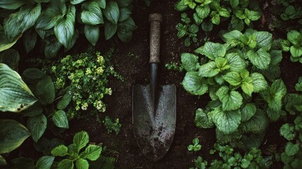 Gardening shovel in lush plants