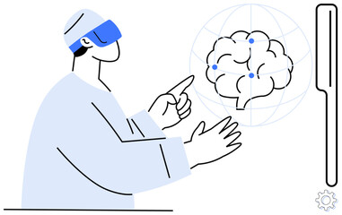 Doctor with VR headset interacts with digital brain model and connected dots. Ideal for neuroscience, AI, innovation, telemedicine, education, diagnostics, research. Simple flat metaphor