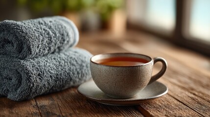Relaxing tea time with soft towels near window offers a peaceful ambiance