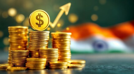 stacks of golden coins symbolizing financial growth,investment opportunities with India flag background