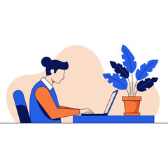 Fototapeta premium Woman working on laptop at desk with plant.